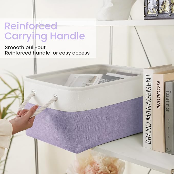 Large Storage Baskets- 15.7x11.8x8.26 inch Storage Bins for Shelves and Closet Organizing, Foldable Fabric Bin for Home Organization Clothes and Laundry (3-Pack, White&Purple) - Image 3