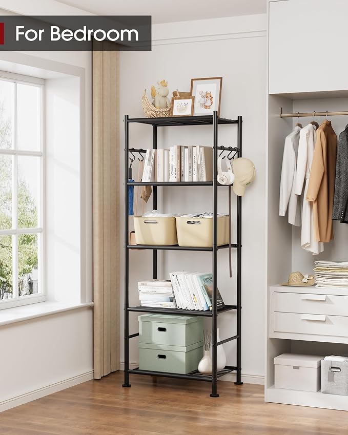 Sakugi Storage Shelves - 5-Tier Large Capacity Shelf Organizer with Hooks, Heavy-Duty Garage Shelving with Leveling Feet, Wobble-Free Rack for Bedroom, Balcony, Garage, 18.1"×12.4"×56.8", Black - Image 2