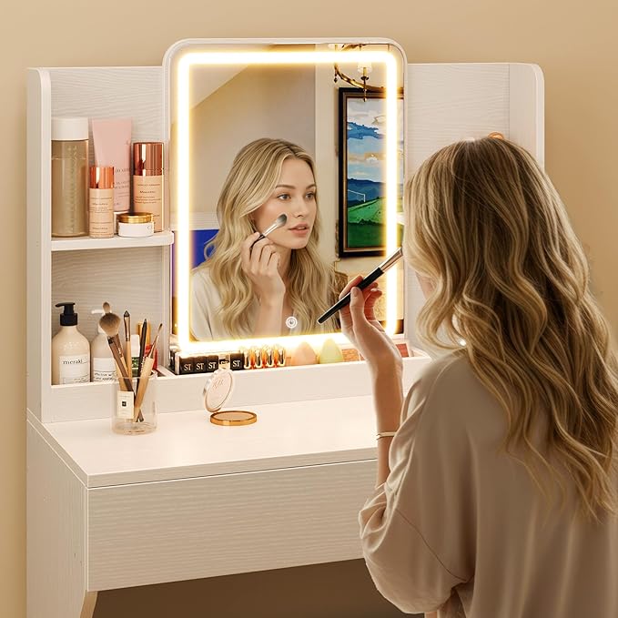 Driftalia Small Vanity Desk with Mirror and Lights, Makeup Vanity with Storage Drawer, 2 Shelves and 3 Compartments - White