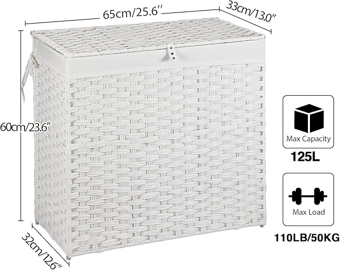 Greenstell Laundry Hamper with Lid, 125L Large Clothes Hamper with 3 Section & 2 Section Removable Liner Bags & 5 Mesh Laundry Bags, Handwoven Synthetic Rattan Divided Laundry Basket, White - Image 6