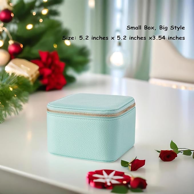VLANDO Travel Jewelry Box Organizer – Portable PU Leather Jewelry Case with 6/8/12 Zippered Pouches, Compact Storage for Earrings Rings Necklaces Bracelets, Aqua Blue - Image 3