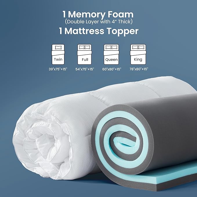 SLEEP ZONE 4 Inch Queen Mattress Topper, Dual Layer 2'' Gel Memory Foam + 2'' Breathable Fluffy Cool Waterproof Removable Pillow top Pad for Back Pain, Comfort Support, White