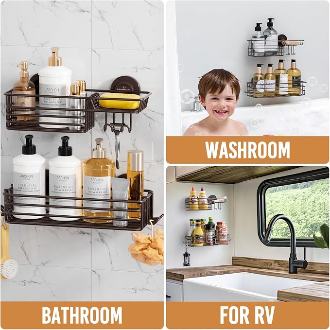 LEVERLOC Shower Caddy Suction Cup, 2 Pack Shelves for Inside with Hooks and Soap Organizer, NO-Drilling Bathroom Holder, Rustproof Meatl Bathroom Basket, Brown - Image 8