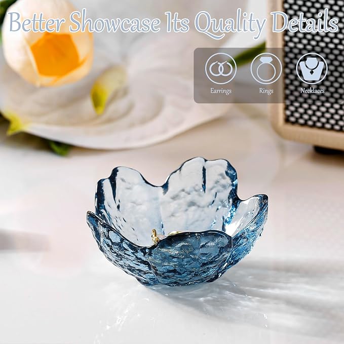 Binoster Blue Flower Glass Ring Dish Jewelry Tray Ring Holder Dish Cute Room Decor Vanity Organizer for Nightstand or Bathroom Aesthetic Trinket Dish Gift for Wife Mom Daughter - Image 2