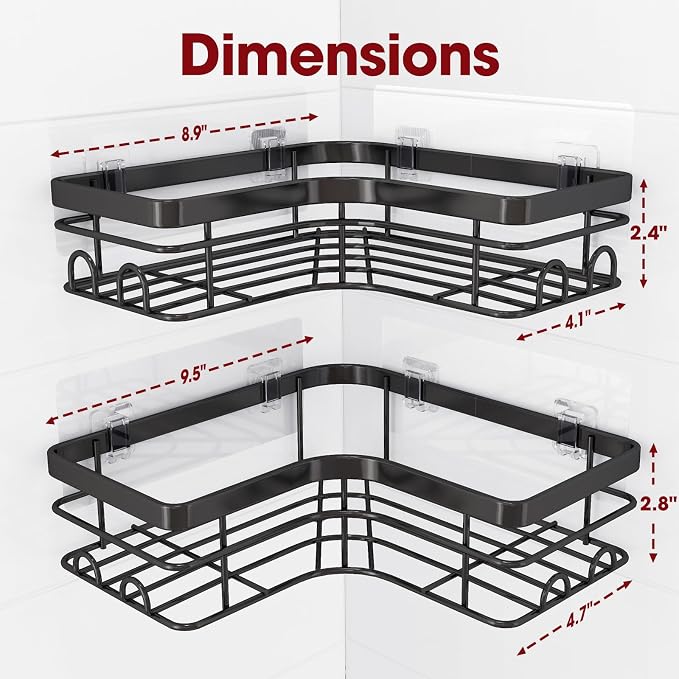 Sakugi Corner Shower Caddy - 2 Pack, Adhesive Shower Organizers, Rustproof Stainless Steel Shower Shelves with 8 Hooks, No Drilling Bathroom Organizers and Storage Racks, Space-Saving, Black, X-Large - Image 2
