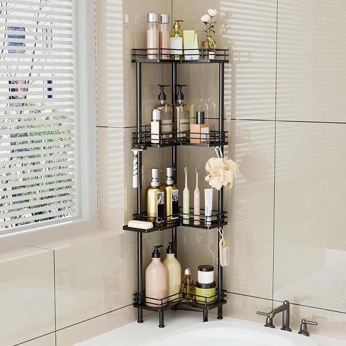 Consumest Corner Shower Caddy Standing - 4-Tier Stainless Steel Shower Organizer with Soap Holder and 4 Hooks, Large Capacity Corner Shelf Stand for Bathroom, Rest Room, Black - Image 6