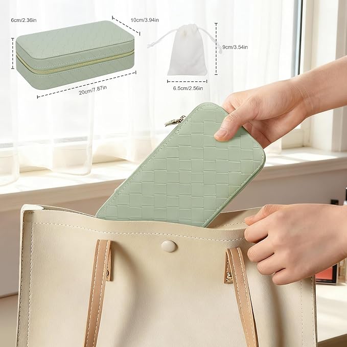 DesignSter Travel Jewelry Case, Woven Embossed PU Leather Jewelry Organizer with Mirror, Small Portable Jewelry Box for Women Rings Necklaces Bracelets Earrings - Image 3