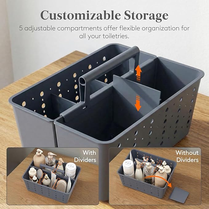 Lifewit Shower Caddy Portable, Cleaning Supplies Caddy Organizer with Handle and Adjustable Dividers, Plastic Shower Basket for Dorm Room Essentials, College, Bathroom, Slate Blue, 2 Packs - Image 3
