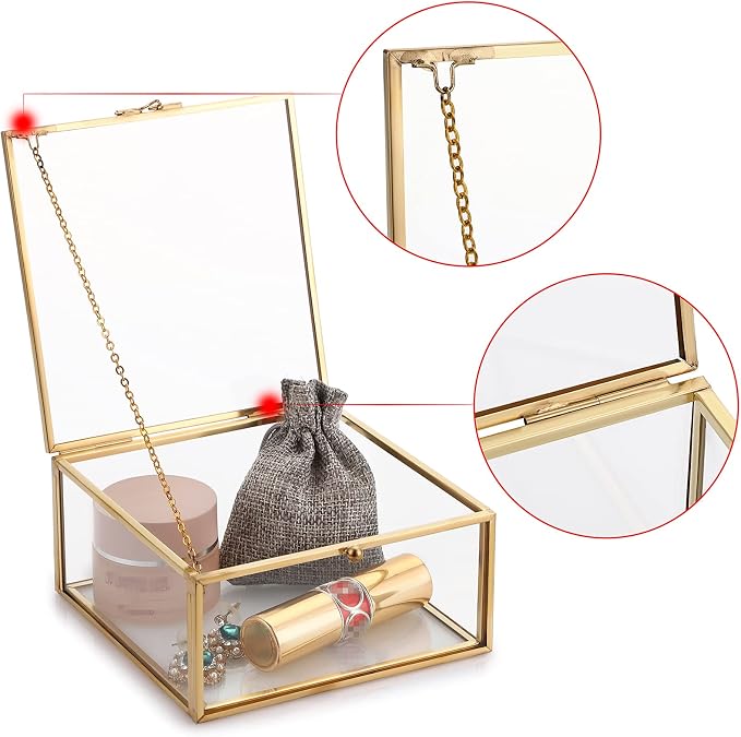 Hipiwe Vintage Glass Jewelry Organizer Box - Golden Metal Keepsake Box Desktop Jewelry Organizer Holder, Wedding Birthday Gift, Square Vanity Decorative Box for Dresser,Bathroom - Image 4