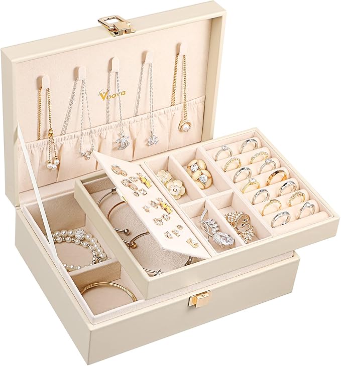 Voova Jewelry Box Organizer for Women Girls, 2 Layer Large Men Jewelry Storage Case, PU Leather Display Jewellery Holder with Removable Tray for Necklace Earrings Rings Bracelets, Vintage Gift,Apricot by Voova