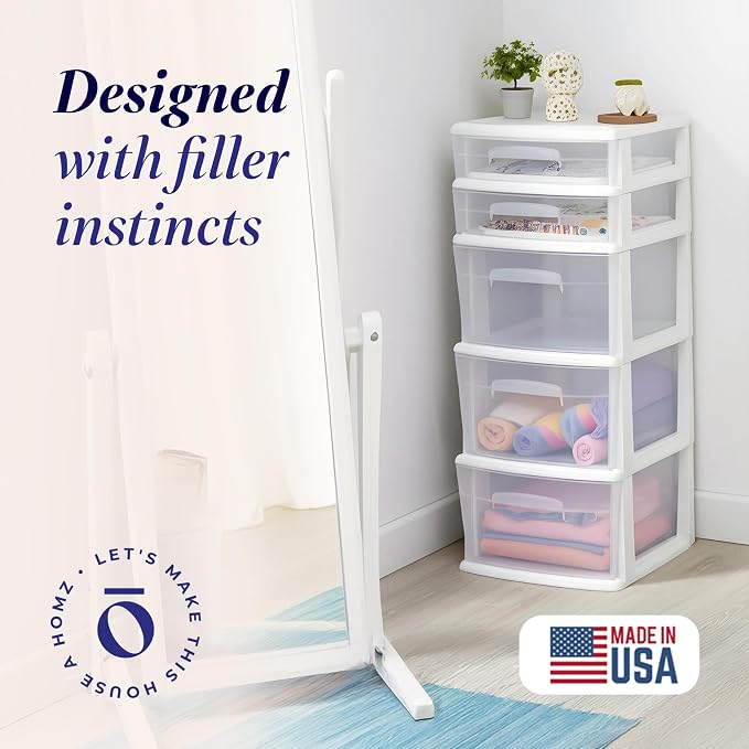 HOMZ 5-Drawer Storage Cart, Clear Plastic Drawers, 14.25" Wide Medium, White Frame - Organizing Drawer Containers for Home, Bathroom, Office, and Classroom - Image 4