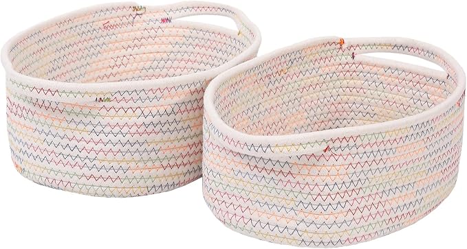 JMvicyroam Woven Basket,Small Rope Storage Bin with Handles & Ribbon Bag, Organizer for Shelves Closets,Gift Basket Empty for Birthday,Books,Dog Toys, Colorful/2 Pack by JMvicyroam