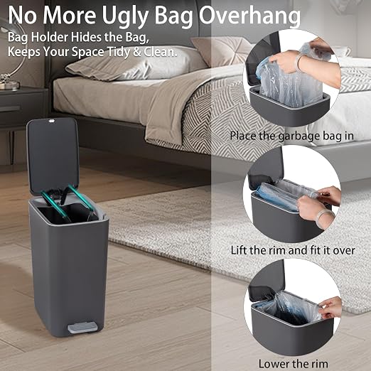 rejomiik Small Bathroom Trash Can with Lid, 3.2 Gallon Step Garbage Can with Handle, Slim Mini Wastebasket Bin for Bedroom, Office, Dorm, Dark Gray - Image 5