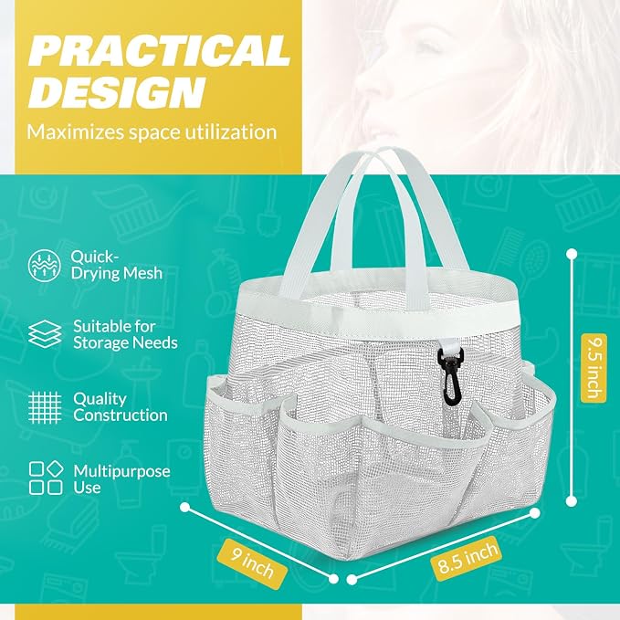 LOYEE Mesh Shower Caddy Portable for College Dorm Room Essentials with 8 Pockets, Shower Bag for Beach, Swimming, Gym, Travel, Bathroom(All white) - Image 2