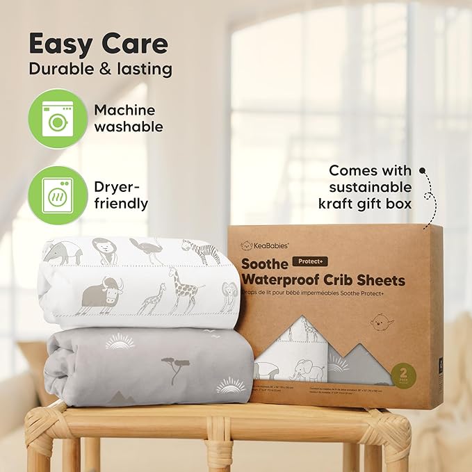 2-Pack Waterproof Crib Sheets for Boys, Girls - 52x28 Fitted Organic Cotton Baby Crib Sheets, Toddler Mattress Protector Cover, Washable, Soft & Durable Baby Bedding Essentials (Savannah)