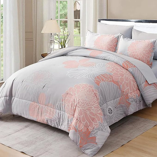 Yiran 7 Pieces Blush Grey Comforter Set Floral Bed in a Bag Soft Microfiber Comforter Bedding Set Queen Size 90"×90"(1 Comforter,2 Pillowcases,2 Pillow Shams,1 Flat Sheet,1 Fitted Sheet)