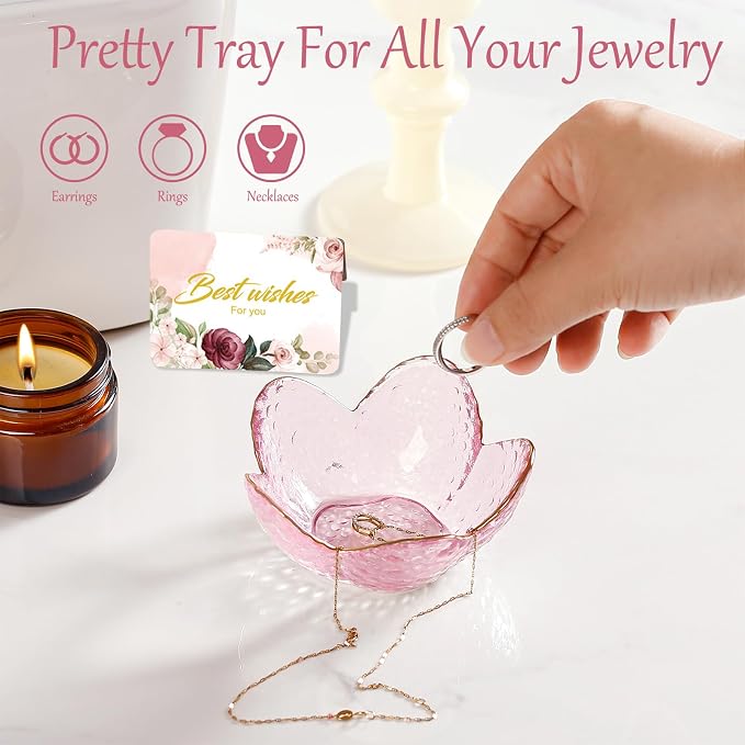 Gifts for Women Pink Flower Ring Dish Glass Jewelry Dish Jewelry Tray Cute Vanity Organizer Room Decor Aesthetic Nightstand Bathroom Decor Trinket Dish Ring Holder Dish Jewellery Tray Valentine's Gift - Image 7