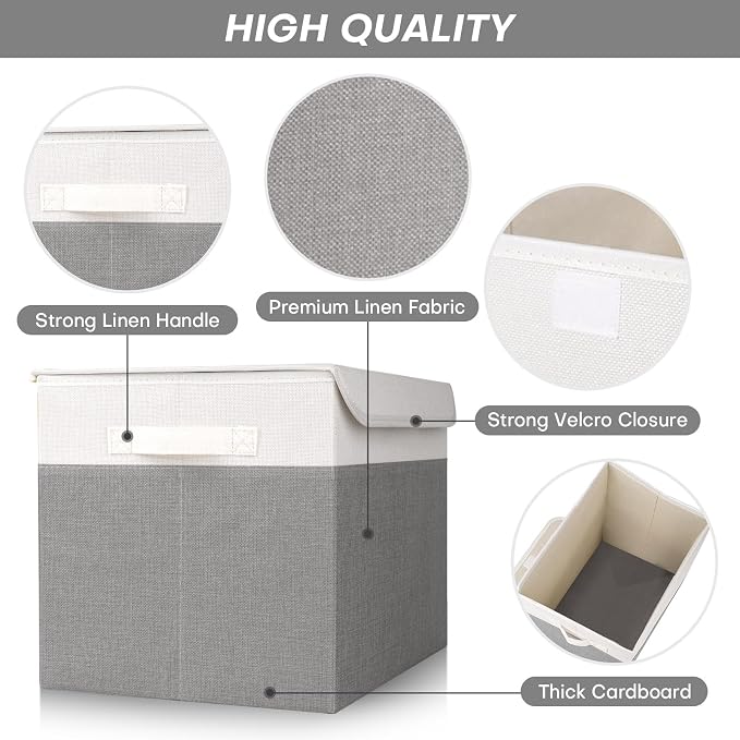 Bagnizer Large 17" 42 Quarts Collapsible Stackable Storage Bins with Lids [3-Pack] Foldable Fabric Linen Storage Boxes Cube, Closet Organizer Baskets with Label (16.7 x 12 x 12, Gray & White) - Image 5
