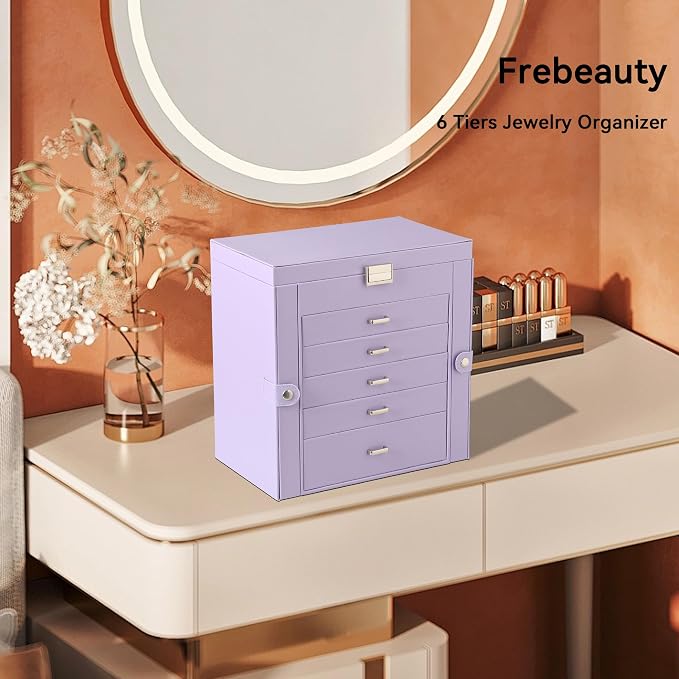 Frebeauty Large Jewelry Box,6-Tier PU Leather Jewelry Organizer,Multi-functional Storage Case with Mirror,Accessories Holder with 5 Drawers for Necklace Bracelets Watches（Purple） - Image 2