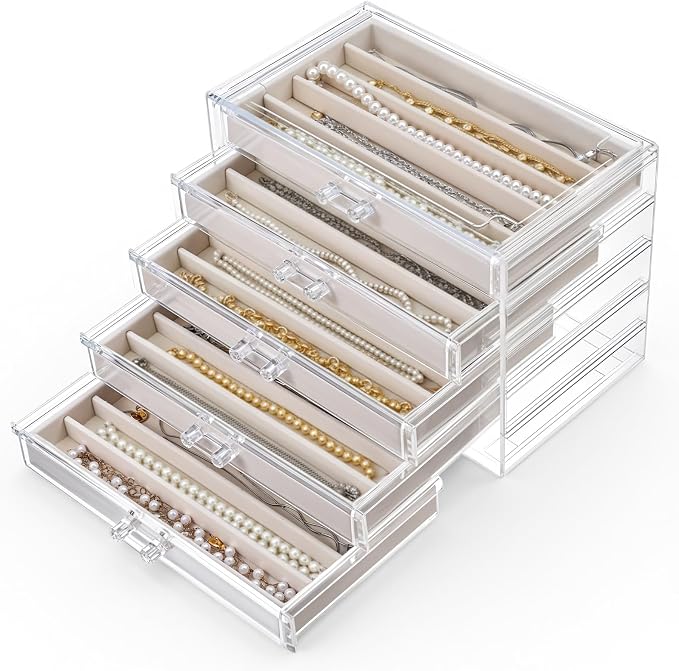5 Layer Acrylic Necklace Storage Drawer, Dustproof Jewelry Box Organizer with 5 Drawers Dustproof Necklaces Box Clear Acrylic Jewelry Boxes for Women Girls Ring Necklace Earring Bracelet Organizers by Unknown