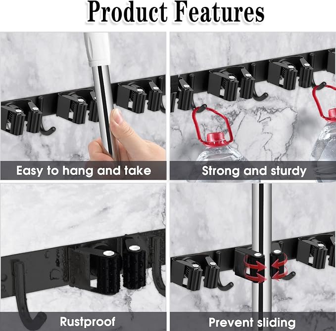 AceMining 2 Pack Black 5 Racks and 4 Hooks Mop and Broom Holder Wall Mount, Broom Organizer Storage Tool Racks Stainless Steel Heavy Duty Hooks Self Adhesive Solid Non-slip for Home Kitchen Garden - Image 2