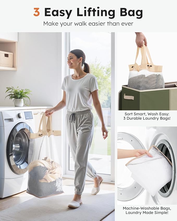 SOLEDI 180L 3-Section Laundry Hamper with Lid, Extra Large Dirty Clothes Basket with Sturdy Handles for Laundry Room & Bedroom - Durable Organizer for Sorting Laundry - Image 3