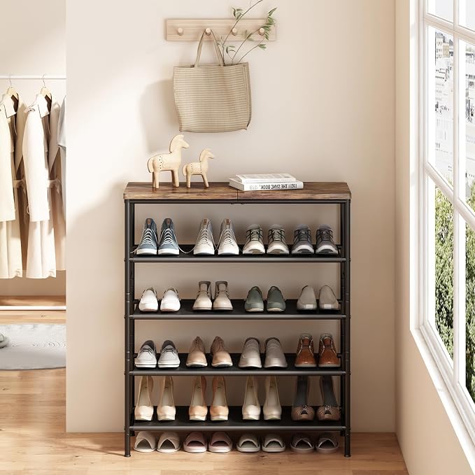 INGIORDAR Shoe Rack Organizer 5 Tier Metal Organizer Shelf with Industrial MDF Board and Layer Fabric for Entryway Closet Bedroom Living Room Garage,Black & Rustic Brown (Black+Rustic Brown, 5 Tier) - Image 2