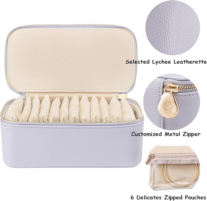 VLANDO Travel Jewelry Box Organizer – Portable PU Leather Jewelry Case with 6/8/12 Zippered Pouches, Compact Storage for Earrings Rings Necklaces Bracelets, Lilac Purple - Image 6