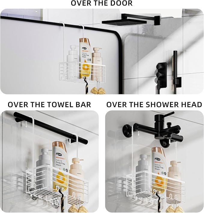 SHANSHUI Shower Caddy Hanging Bathroom Organizer Basket, Shampoo Bracket, Over Door Showers Caddy with Hooks, 304 Stainless Steel Rust Proof Rack- White - Image 2
