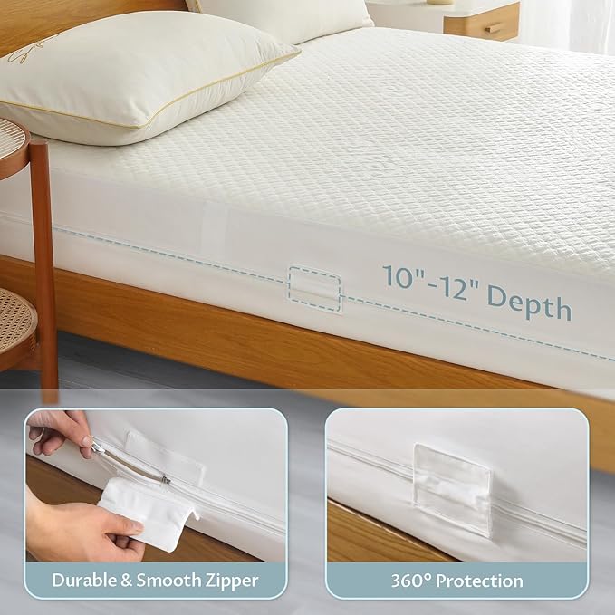 California King Size Mattress Protector with Zipper - 100% Waterproof Zippered Mattress Cover - Soft & Cooling Noiseless Mattress Covers - Top Removable Mattress Encasement 10-12" Deep