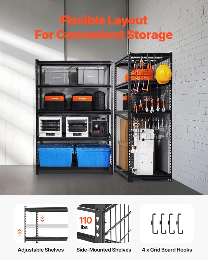 VEVOR Storage Shelves, 3000 lbs, 5 Tier Heavy Duty Garage Shelving, 24" D x 48" W x 72" H Adjustable Metal Shelves for Industrial Shelving Unit Utility Shelf, for Kitchen, Warehouse, Basement, Black - Image 5
