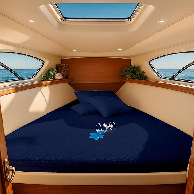 SGI Bedding Waterproof XL V Berth Mattress Protector 102" Head x 82" Length x 30" Foot – 15" Deep Pocket, 360° Fitted Style Mattress Pad Cover, Soft Noiseless & Breathable Cover for Boat – Navy Blue