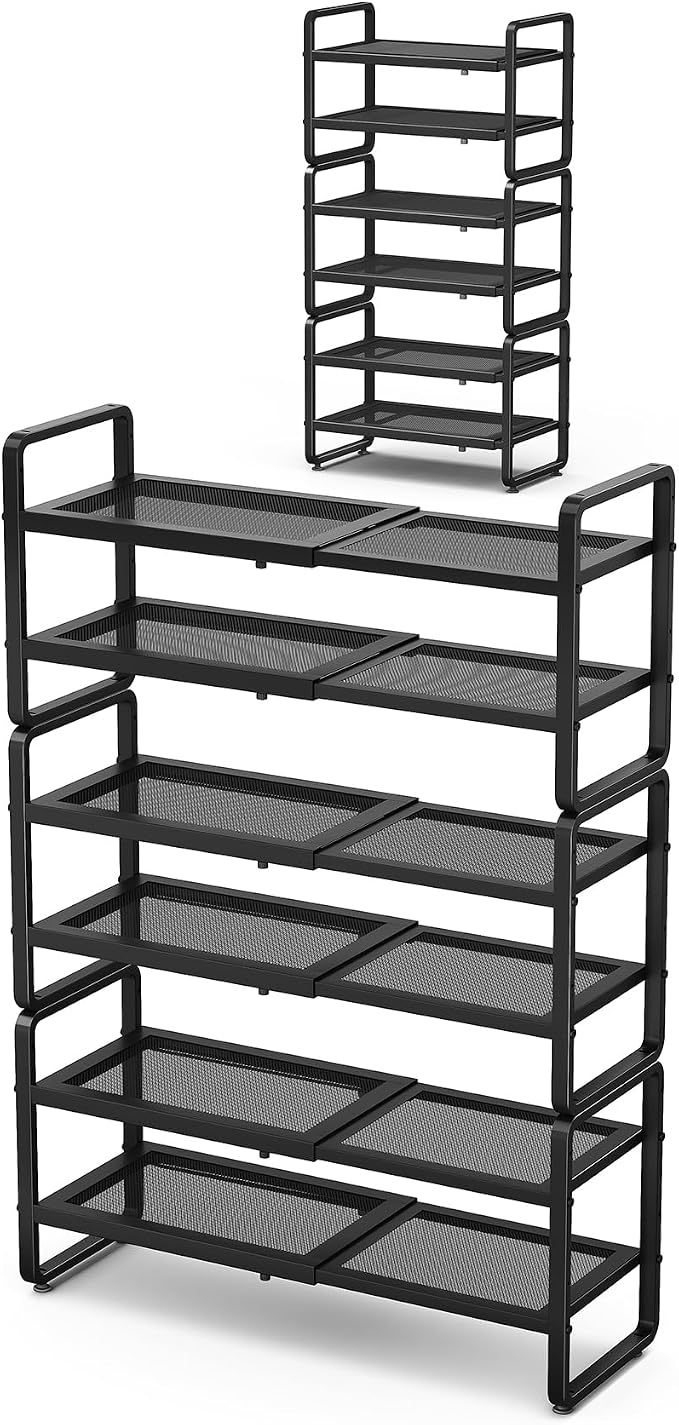 SNTD Shoe Rack - Expandable Shoe Organizer for Closet, Adjustable Metal Shoe Shelf Storage, Stackable Long Shoe Stand Holder for Garage, Entryway, Door Entrance (Black, 6-Tier) by SNTD