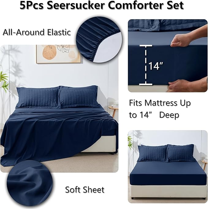 CozyLux Twin Comforter Set with Sheets 5 Pieces, Navy Blue Seersucker Textured Bed in a Bag, Luxury Soft Bedding Sets with Down Alternative Comforter, Sheets, Pillowcase & Sham for All Seasons