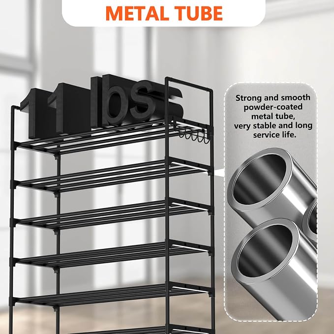 Hsscblet 8 Tiers Metal Shoe Rack,Adjustable Shoe Shelf Storage Organizer with Hooks,Stackable Boot & Shoe Storage,for Entryway,Hallway,Closet,Black - Image 6