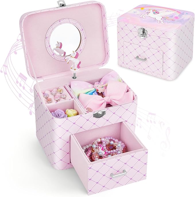 Basumee Musical Jewelry Box for Girls PU Leather Music Box with Drawer Large Kids Jewelry Organizer with Unicorn/Ballerina Jewelry Storage for Little Girls Ages 3–10, Birthday & Holiday Present - Image 8