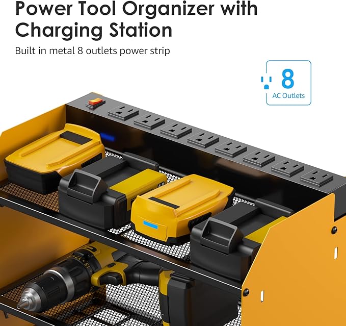 CCCEI Modular Power Tool Organizer Wall Mount with Charging Station. Garage Drill Storage Shelf with Hooks, Heavy Duty Rack, Tool Battery Holder Built in 8 Outlet. Gift for Men. Yellow, 1 Pack. - Image 2