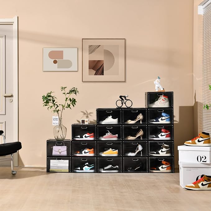 Amllas 8 Pack Shoe Boxes Black Plastic Stackable, Large Shoe Storage Organizer,Drop Side Front Shoe Containers for Entryway,Sneaker Storage Fit up to US Size 13 for Men/Women(13’’x 10.6”x 8.3”) - Image 6
