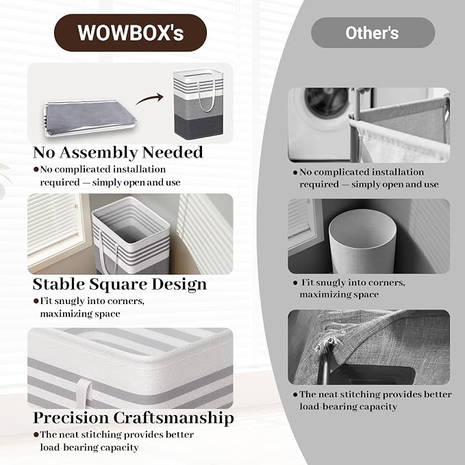 WOWBOX 2 Pack Laundry Baskets, Laundry Hampers, Freestanding Dirty Clothes Hampers with Reinforced Handles & Cross Stitch & Waterproof Coating, for Laundry Bedroom Bathroom Dorm,75L Grey - Image 5