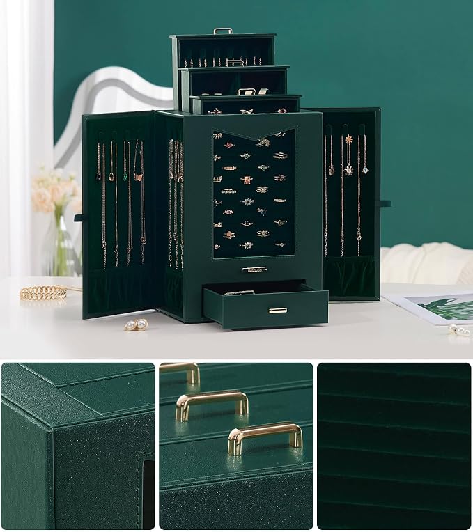 Homde Jewelry Organizer with Transparent Window Necklace Hooks Gift for Women Jewelry Box Display Case for Necklaces Rings Earrings Bracelets and Other Accessories (Forest Green) - Image 7