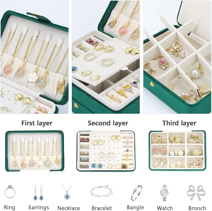 KOOAAICCHI Small Jewelry Box, Travel Jewelry Organizer, Portable Jewelry boxes for Women Girls Gift, Double Layers PU Leather Jewelry Holder for Rings, Earrings, Necklaces- Velvet Green - Image 4