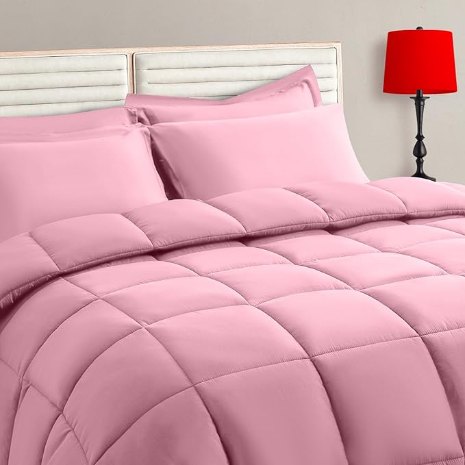 TAIMIT Pink Twin Size Comforter Set - 5 Pieces, Bed in a Bag Bedding Sets with All Season Soft Quilted Warm Fluffy Reversible Comforter,Flat Sheet,Fitted Sheet,1 Pillow Shams,1 Pillowcases