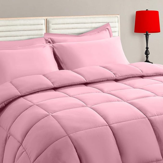 TAIMIT Pink Twin Size Comforter Set - 5 Pieces, Bed in a Bag Bedding Sets with All Season Soft Quilted Warm Fluffy Reversible Comforter,Flat Sheet,Fitted Sheet,1 Pillow Shams,1 Pillowcases