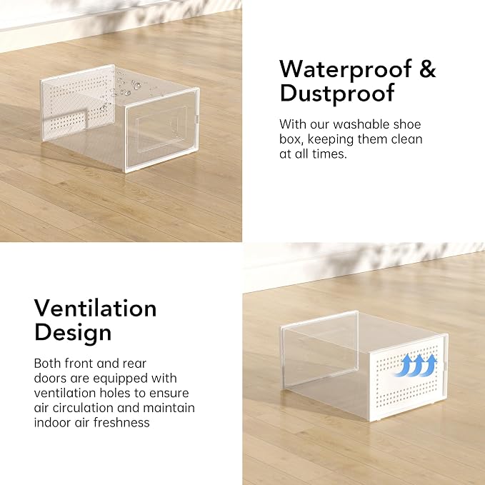 Foluck X-Large Shoe Storage Box, 15 Pack Clear Plastic Stackable Shoe Organizer for Closet, Interlocking Design Shoe Container Bins for Sneakers, Foldable Shoe Rack with Lids, White - Image 6