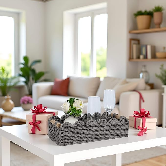 CubesLand Scalloped Edge Decor Baskets for Home, Living Room, Toilet Paper Storage Basket for Over Toilet Tank Top, Storage Shelf, Cute Small Paper Rope Baskets Both Storage&Decor, Set 2 Grey - Image 7