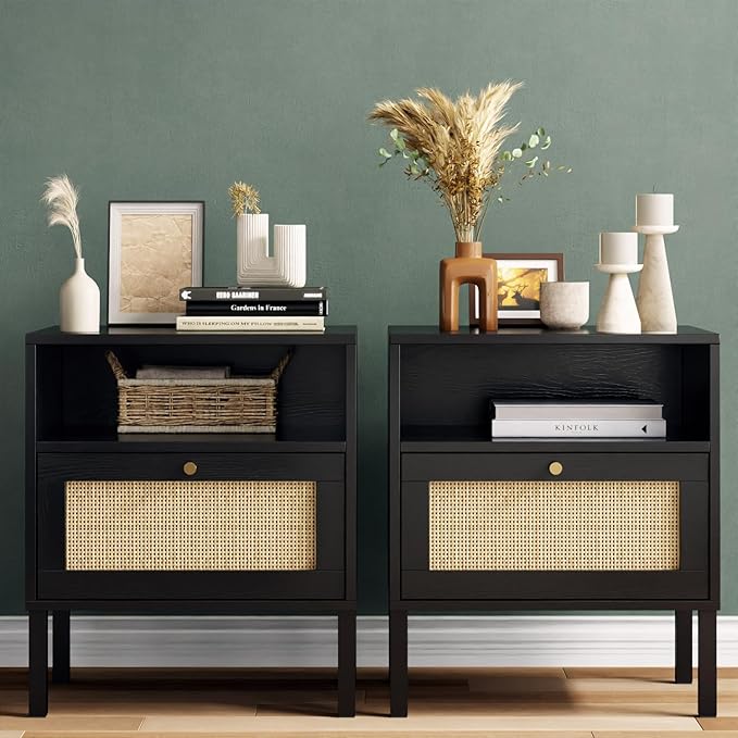Angel Sar Rattan Night Stand Set 2, Boho Bedside Table Black Nightstand with Rattan Door, Storage Cabinet, Open Storage Space & Sturdy Metal Legs, Accent Bed Side Table, Wood End Tables Bedroom