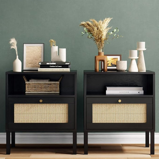 Angel Sar Rattan Night Stand Set 2, Boho Bedside Table Black Nightstand with Rattan Door, Storage Cabinet, Open Storage Space & Sturdy Metal Legs, Accent Bed Side Table, Wood End Tables Bedroom