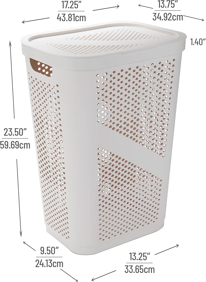 Mind Reader 60L Slim Laundry Hamper, Clothes Basket, Lid, Ventilated, Plastic, Set of 2, Ivory - Image 3