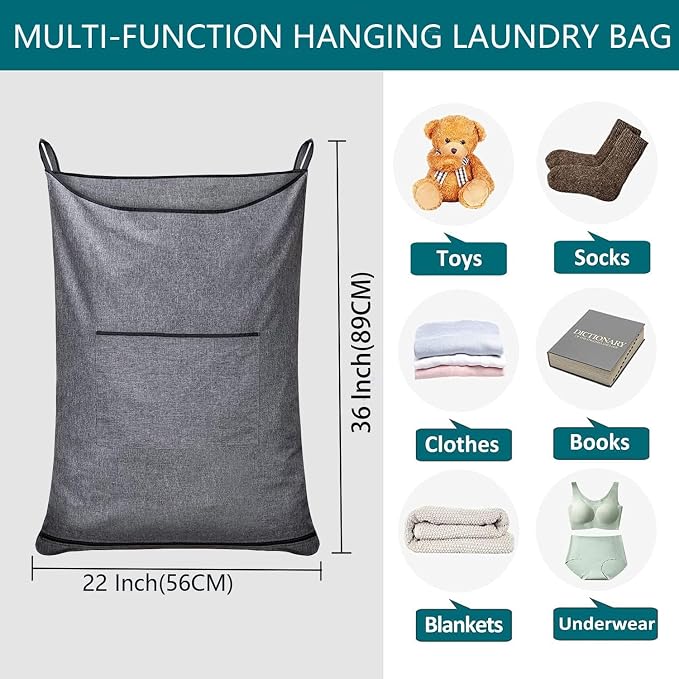 Hanging Laundry Hamper,Door Hanging Hamper with Width Opening, Over the Door Laundry bag with hooks, Laundry Collector and Over Door Storage Bag (36x22 Inch,Pop Grey) - Image 2