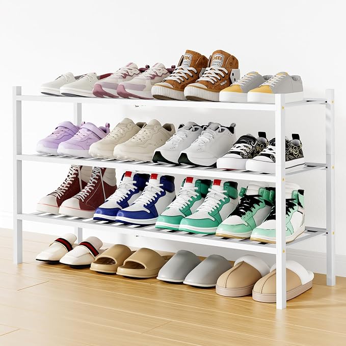 Smiry Shoe Rack, 3 Tier Long Bamboo Shoe Organizer, Stackable Free Standing Wooden Shoe Storage Shelf for Closet, Entryway, Front Door Entrance, White by Smiry